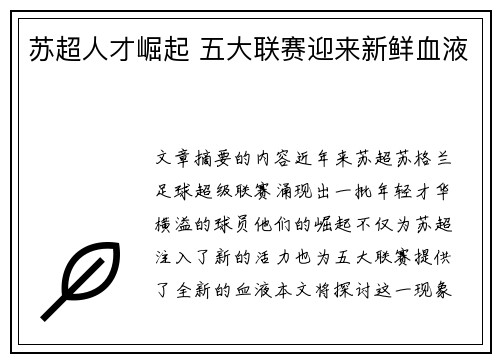 苏超人才崛起 五大联赛迎来新鲜血液