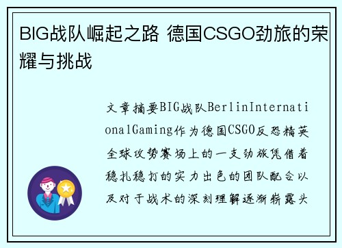 BIG战队崛起之路 德国CSGO劲旅的荣耀与挑战